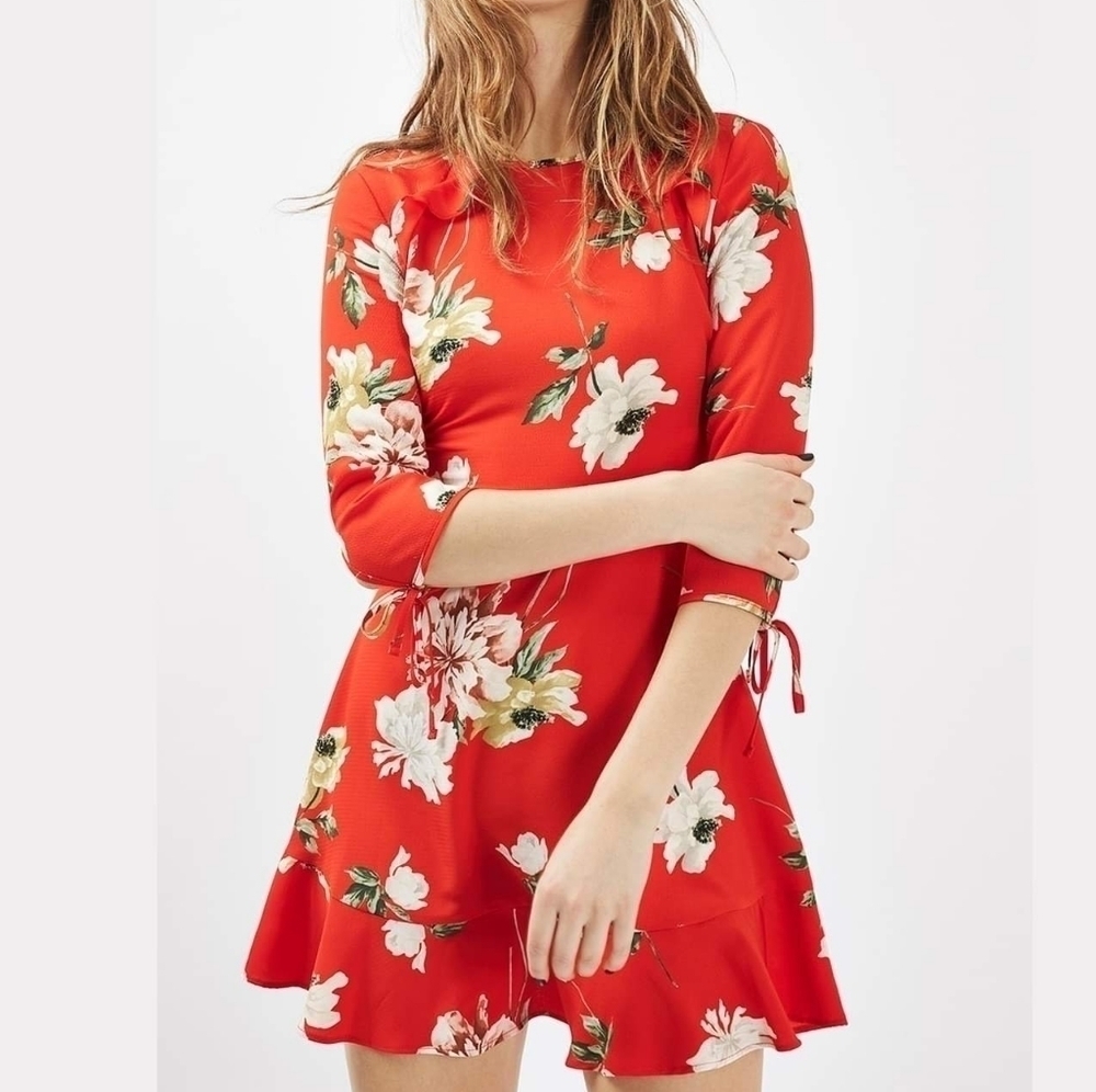 Topshop PETITE Red Paint Floral Tea Dress Size 0